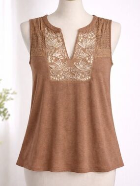Lucky Brand Tan Brown Embroidered Sleeveless Top